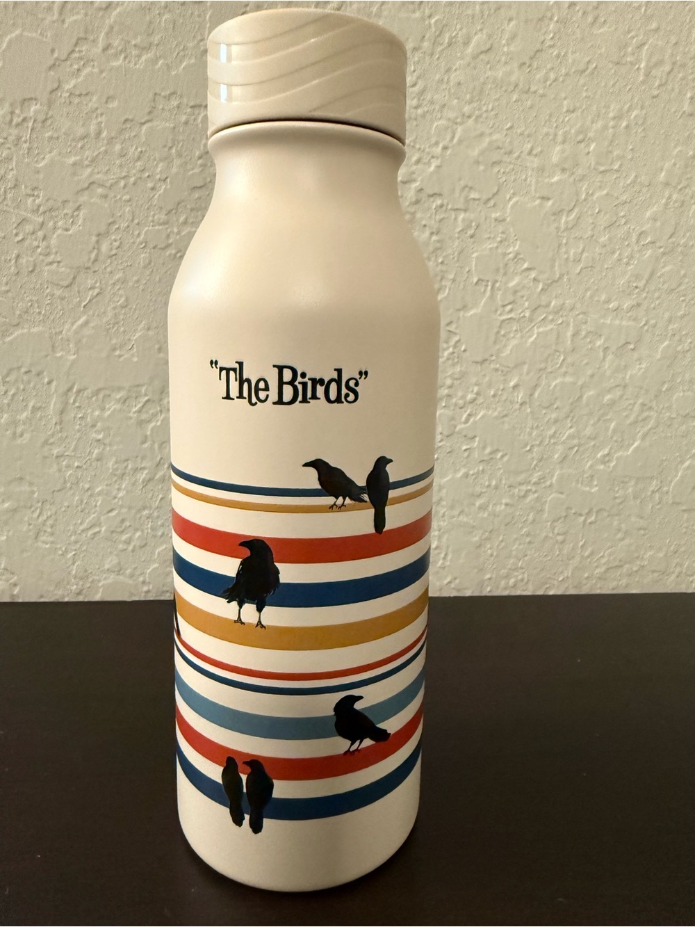 Alfred Hitchcock’s "The Birds" Cream Stainless Bottle with Multicolor Stripes